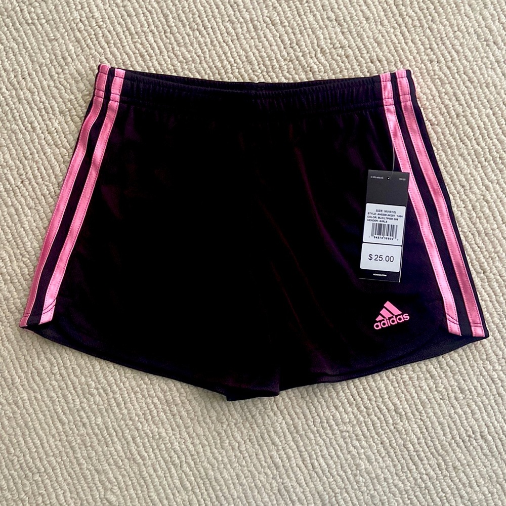 Adidas black and pink athletic shorts. Girls size 10/12. NWT.